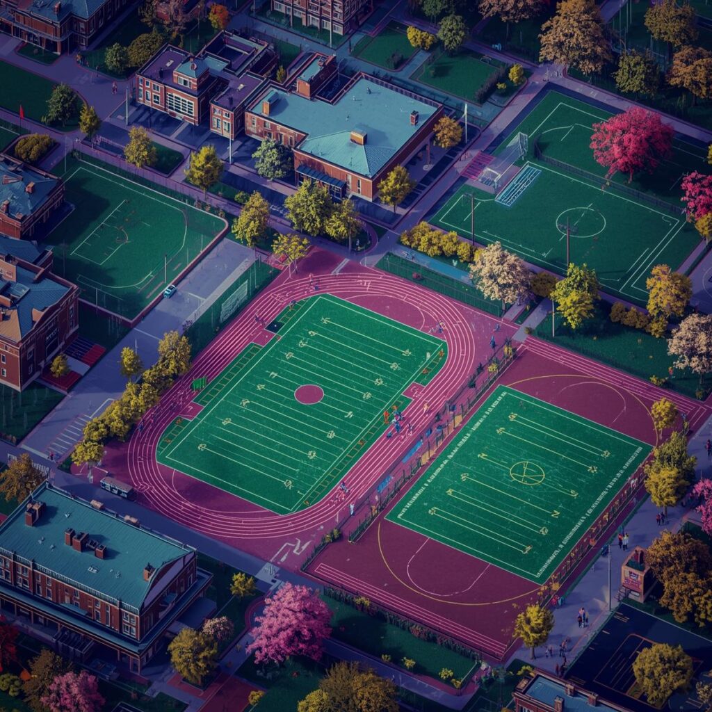 Campus universitario en Estados Unidos con instalaciones deportivas donde los estudiantes combinan deporte y estudios