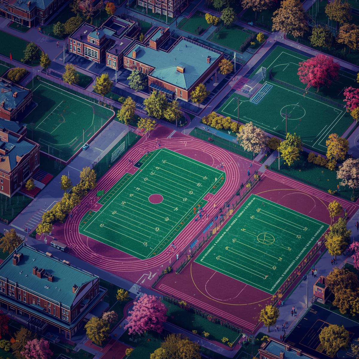 Campus universitario en Estados Unidos con instalaciones deportivas donde los estudiantes combinan deporte y estudios