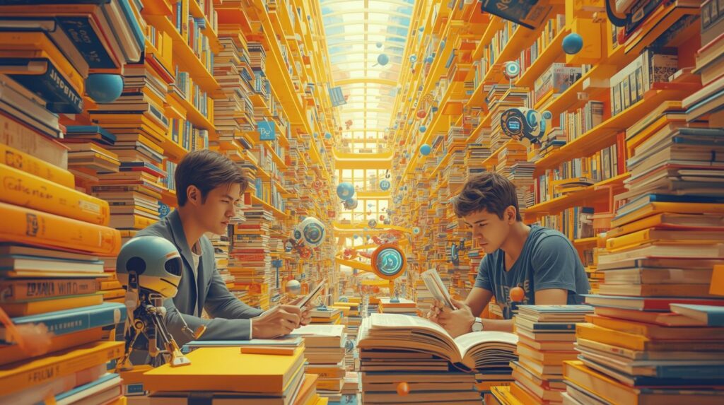 Students studying humanities and liberal arts surrounded by books, symbolizing critical thinking and human judgment in the AI era