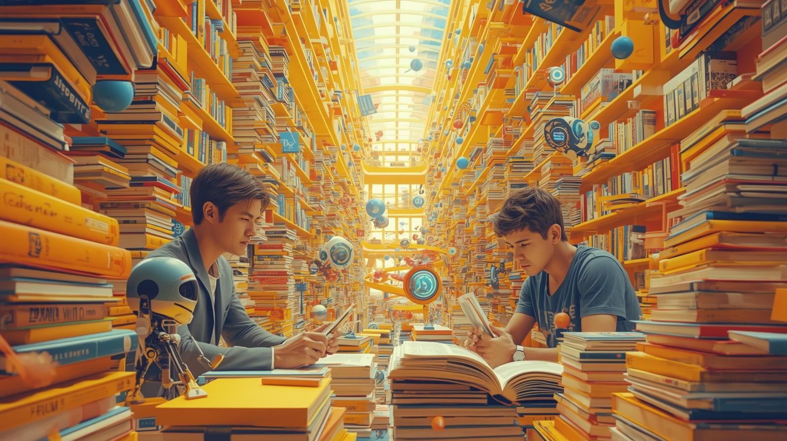 Students studying humanities and liberal arts surrounded by books, symbolizing critical thinking and human judgment in the AI era